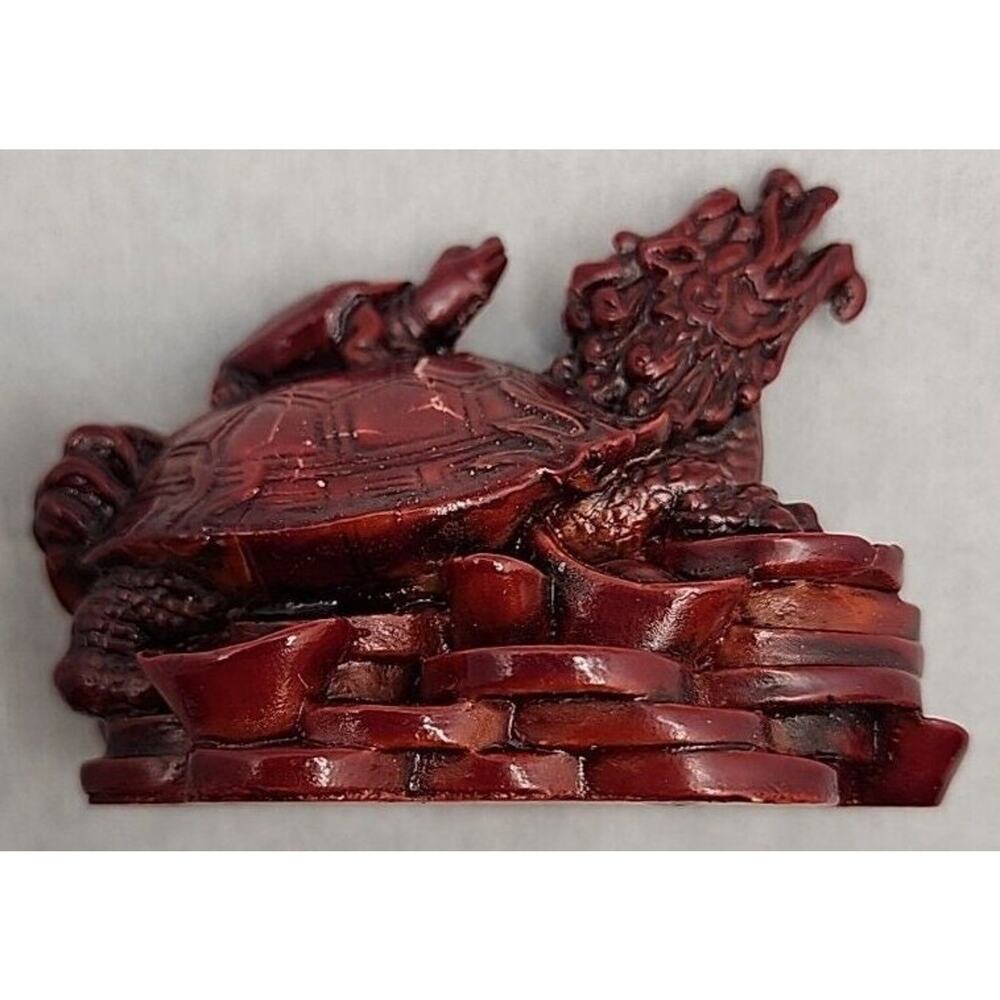 Vintage Japanese Dark Red Resin Dragon Headed Turtle on Coins Figure U189